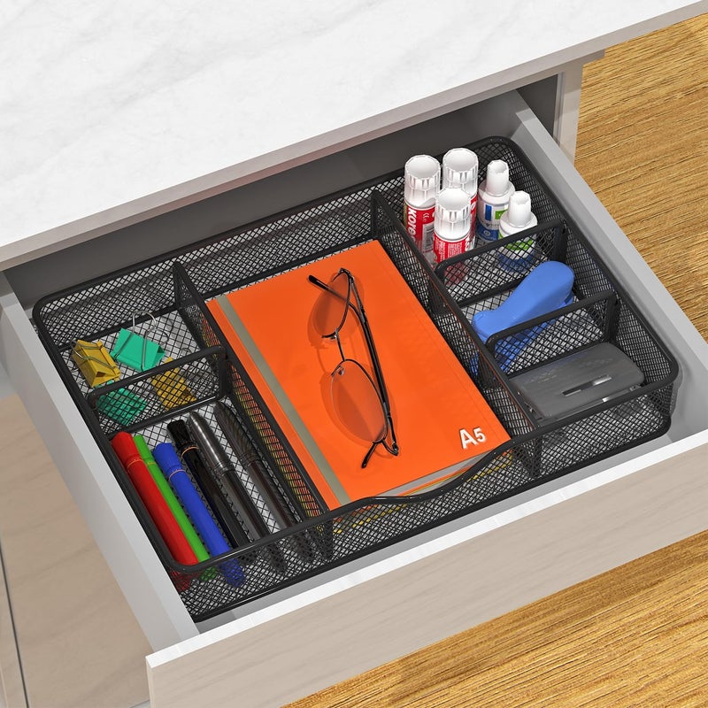VyGrow Desk Drawer Organizer, Metal Mesh Drawer Organizer Tray with 6 Adjustable Compartment, Tray Organizer for Desktop, Kitchen, Bathroom, Makeup, Vanity - 14.5x8.8x1.96 inch, Black, 1PC Large - Image 5